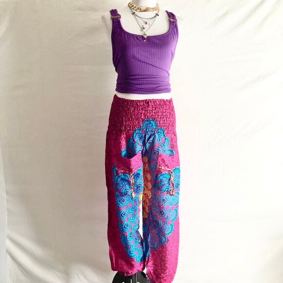 “Leela” Shirred Waist Harem Pants Rangoli Pattern One Size Pink or Navy Blue - Picture 3 of 11